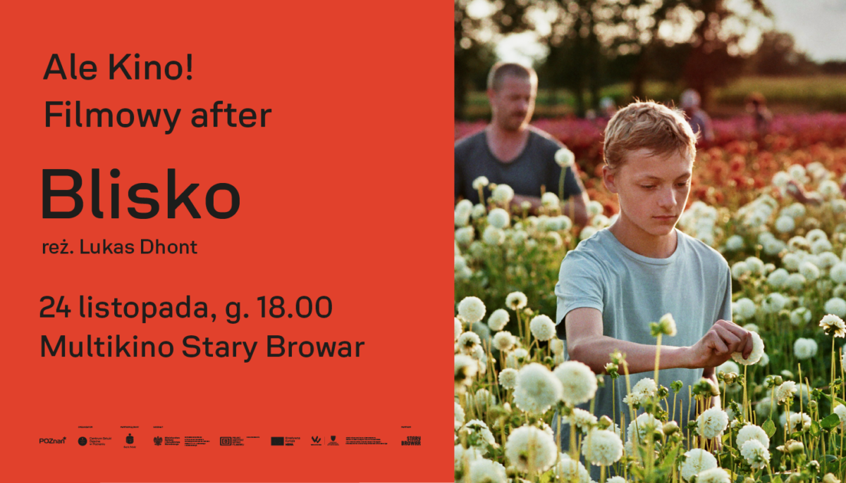 GRafika z napisem na czerwonym tle i kadrem z filmu Blisko z chłopcem wśród kwiatów